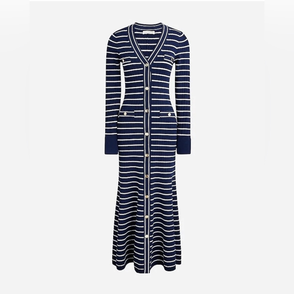 J. Crew Long Sleeve Ribbed Button Up Midi Sweater Dress • XL • Navy/White